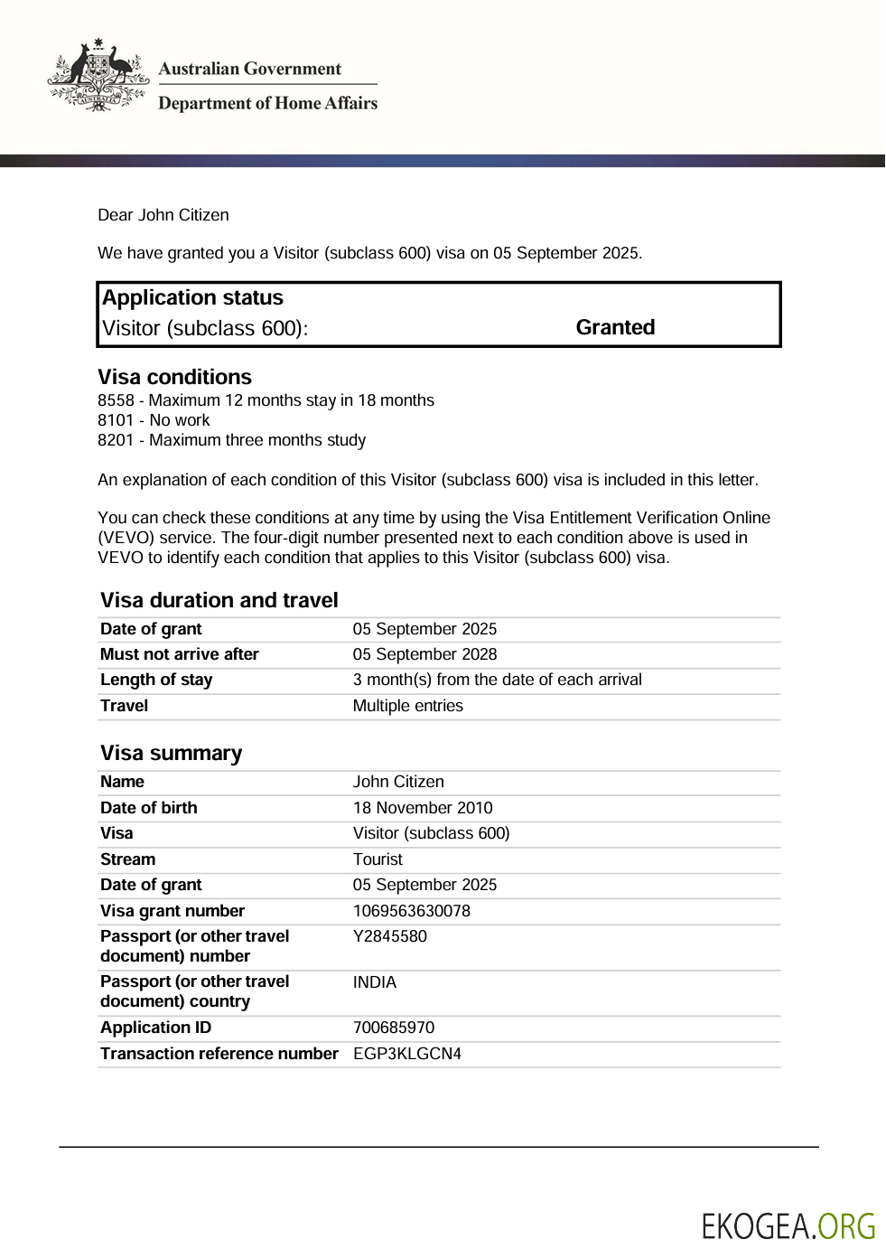 Modèle de visa électronique pour l'Australie aux formats Word et PDF, version 2